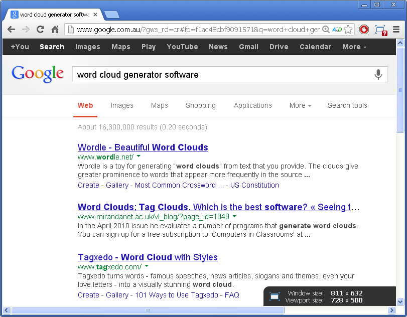Google searh for word cloud generator software returns About 16,300,000 results (0.20 seconds) 